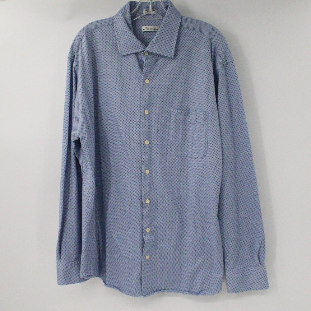 Peter Millar Shirt Mens Size 2XL Blue Polka Dot Woven Button Up Long Sleeve
